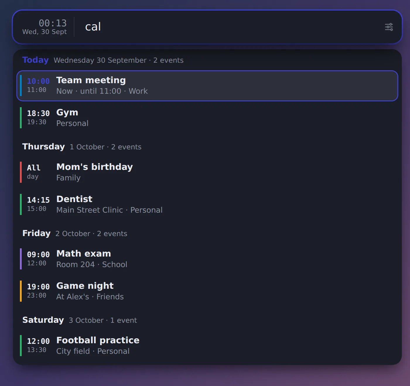 Calendar in Kivi, grouped by day